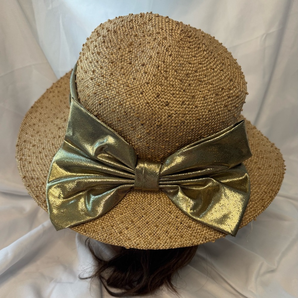 Miss Bierner USA Nubby Straw Hat with Gold Ribbon/Bow